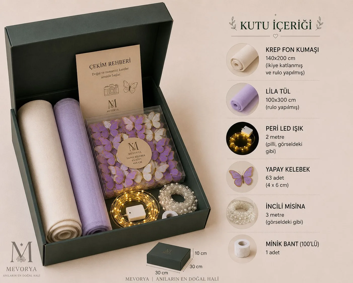 Lila kelebek konsept MEVORYA Çekim Kutusu kutu içeriği